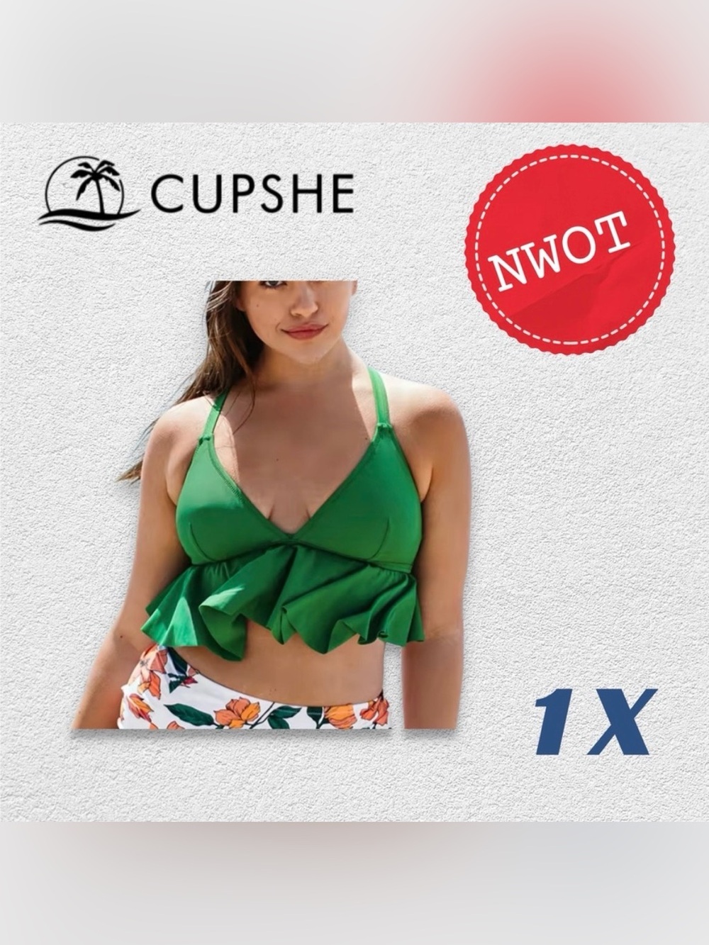 🇨🇳🆕NWOT CUPSHE | 1 X | Green Zoe Ruffle Crisscross Plus Size Bikini Top